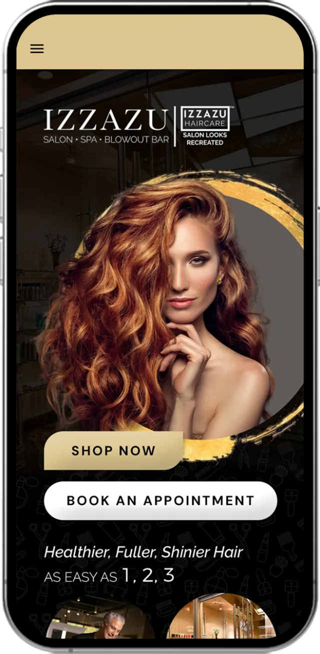 Mobile app home screen design for Izzazu Salon & Spa featuring booking and shopping options