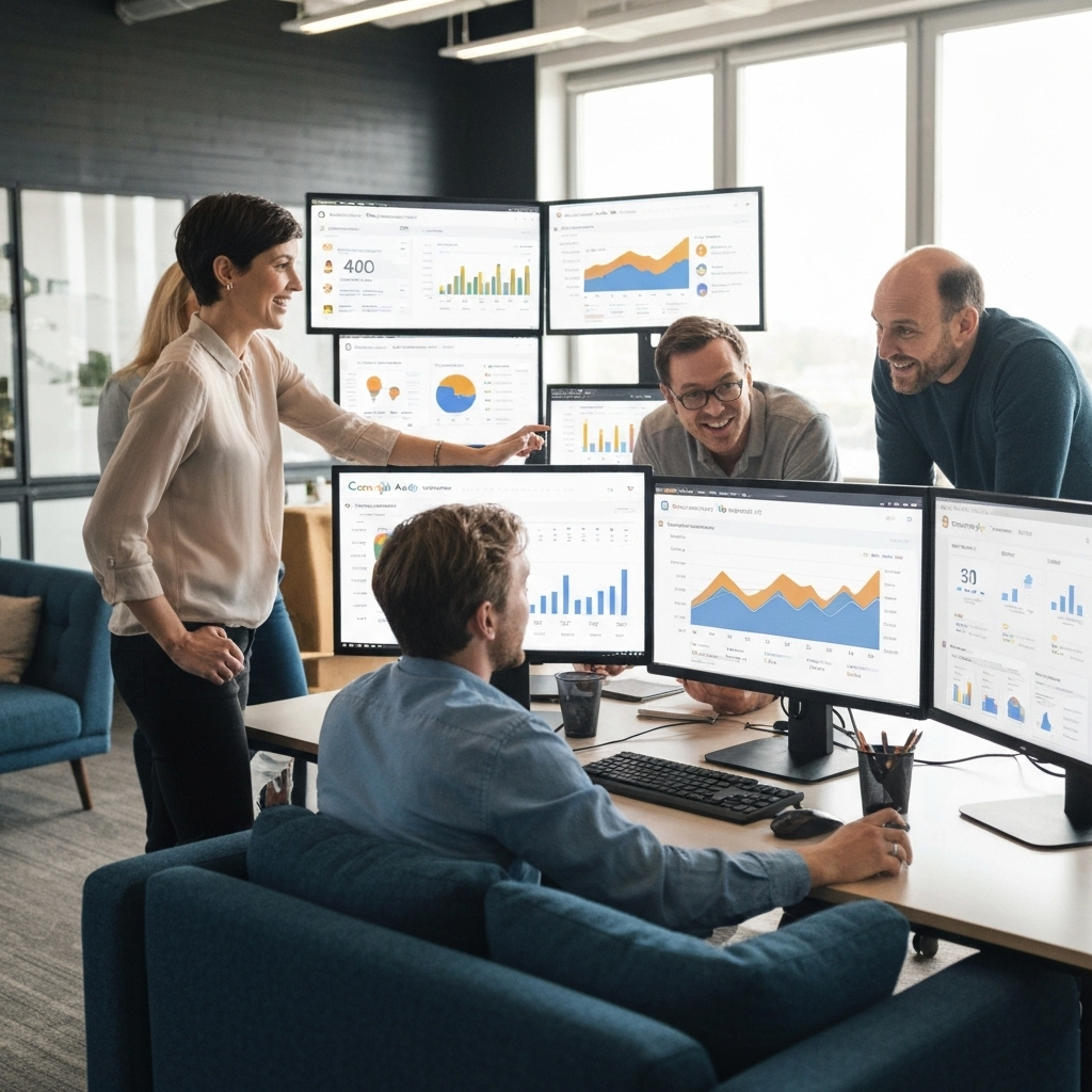 Search Engine Marketing experts analyzing charts on multiple monitors monitor
